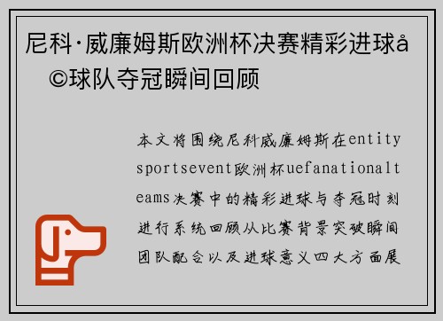 尼科·威廉姆斯欧洲杯决赛精彩进球助球队夺冠瞬间回顾