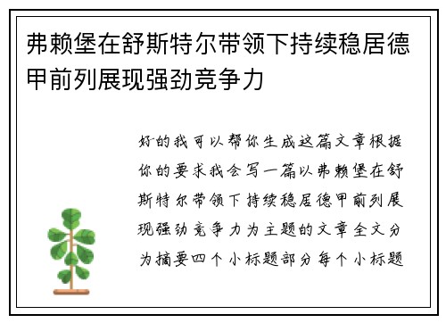 弗赖堡在舒斯特尔带领下持续稳居德甲前列展现强劲竞争力